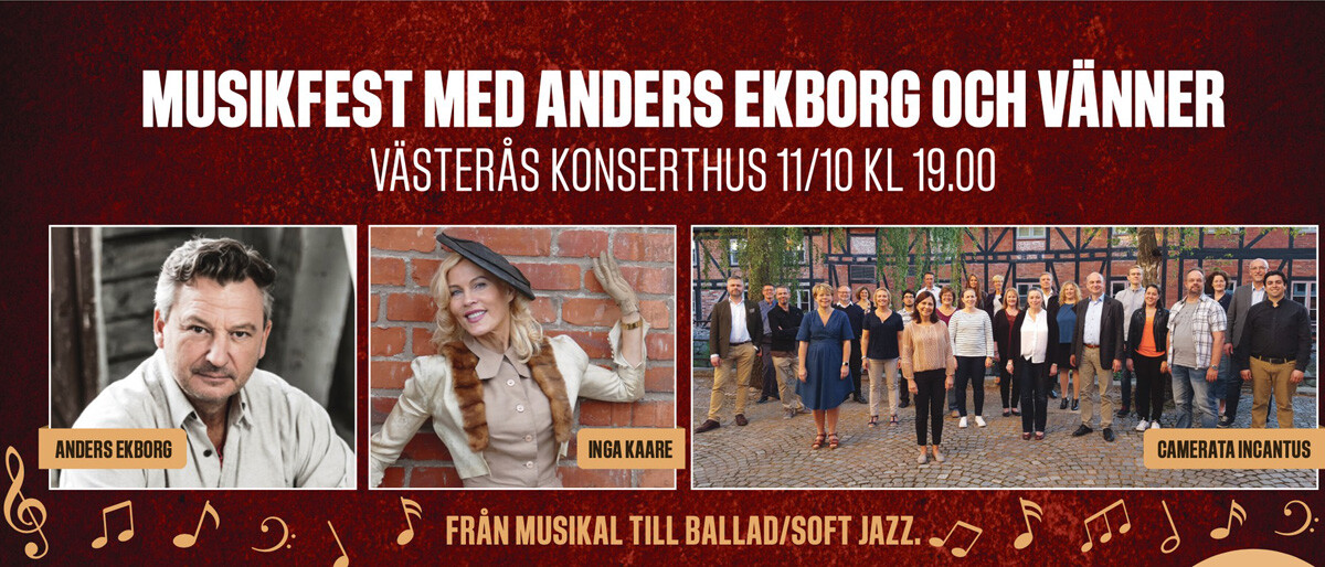 Promotionbild för Från musikal till soft jazz & ballad i Västerås den 11 oktober. Anders och övriga medverkande i collage.