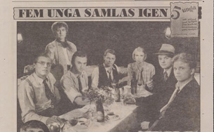 Fem unga medverkande i filmen Moa sitter runt ett bord. Faksimil från Expressen 1985.