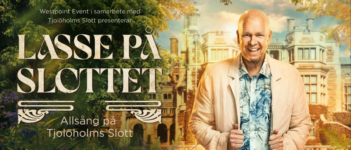 Promotionbild för Lasse på Slottet. Lasse Kronér med ljus kavaj i sommarmiljö. Foto.