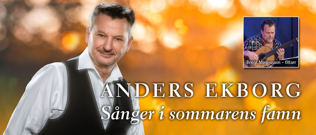 Anders i vit skjorta och svart väst mot guldgul bakgrund. Liten inklippt bild på Bengt. Promotionbild inför Sånger i sommarens famn.
