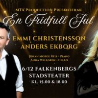 Anders Ekborg och Emmi Christensson, mörkt klädda i halvfigur. Promotionbild inför julkonserten En fridfull jul.