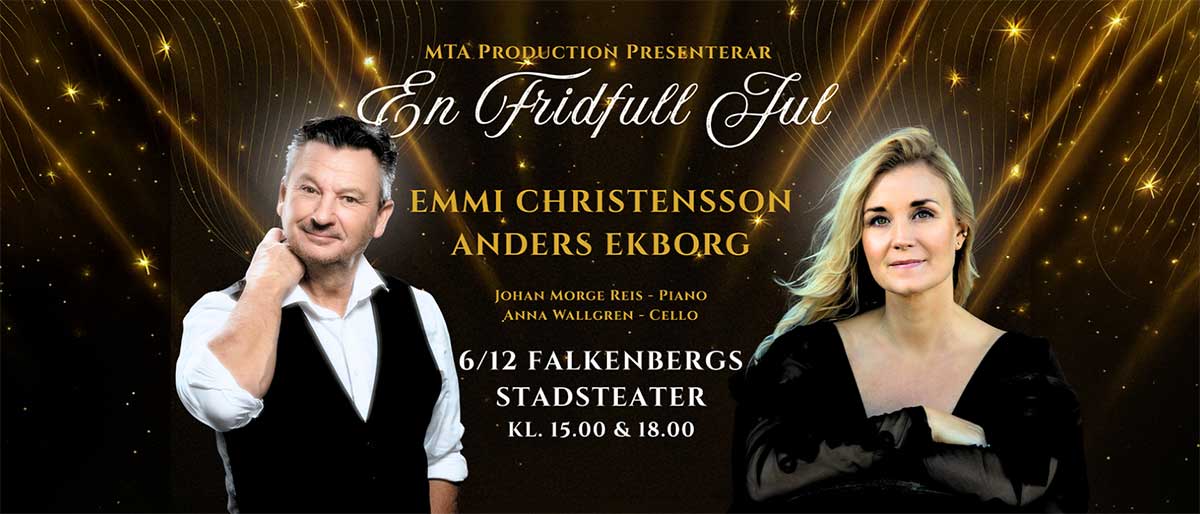 Anders Ekborg och Emmi Christensson, mörkt klädda i halvfigur. Promotionbild inför julkonserten En fridfull jul.